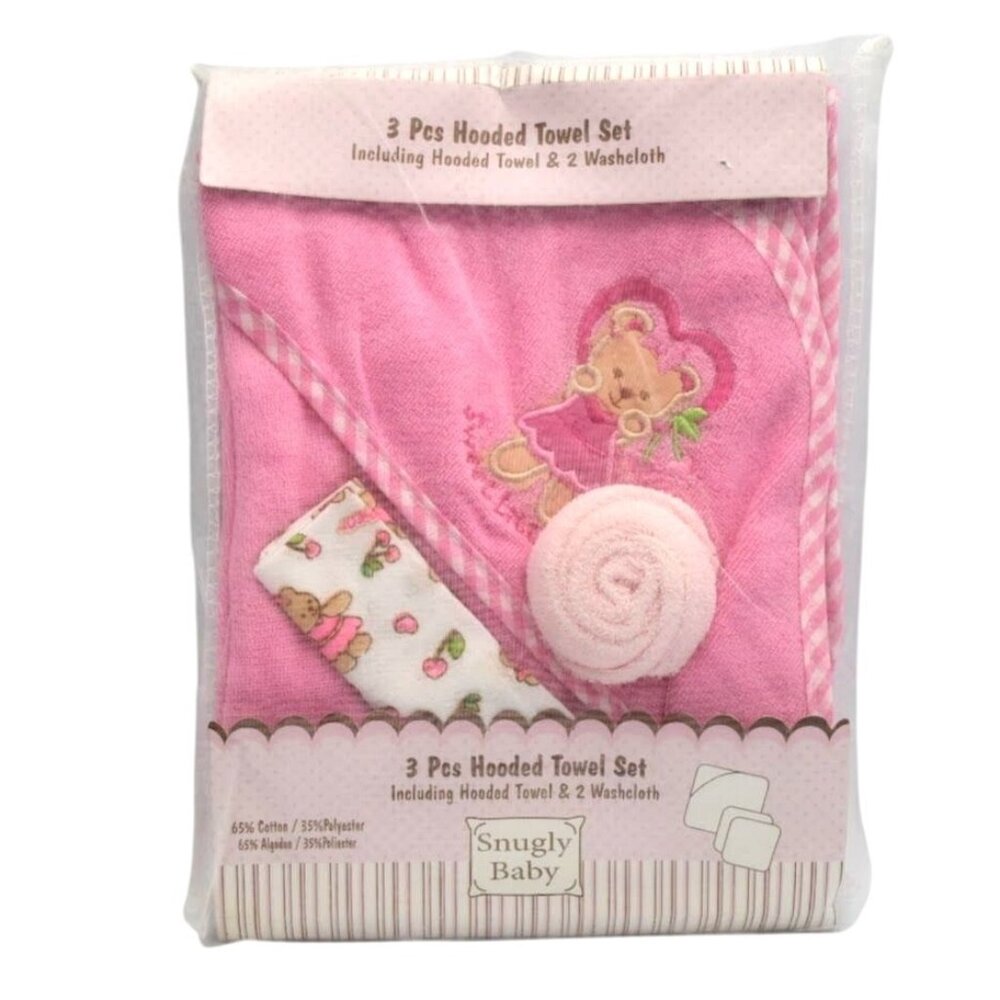 Hooded Towel Set Pink Teddy Bear Design Baby Girls 3 Pieces Towel  2 Washcloths